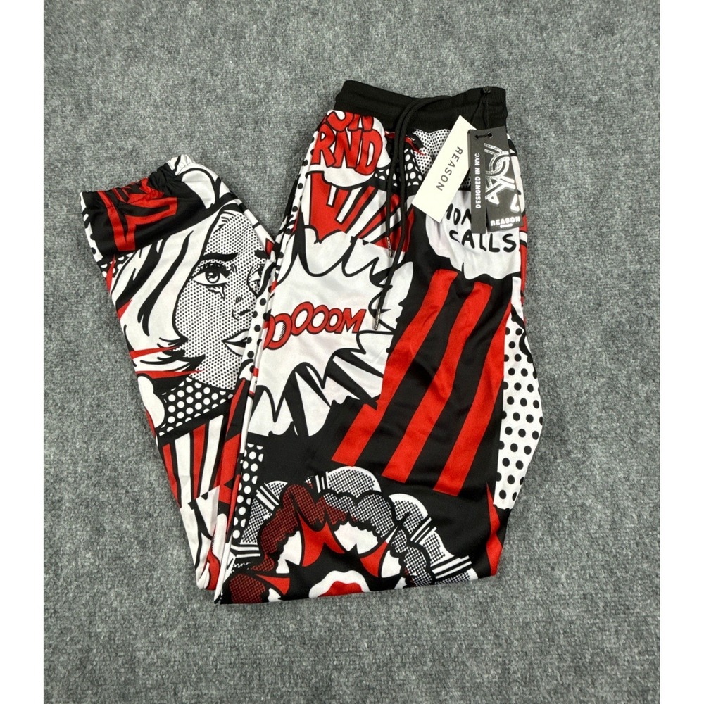 Reason Brand Trap Stars Comic Book Print Joggers Mens Large Black Red NWT
